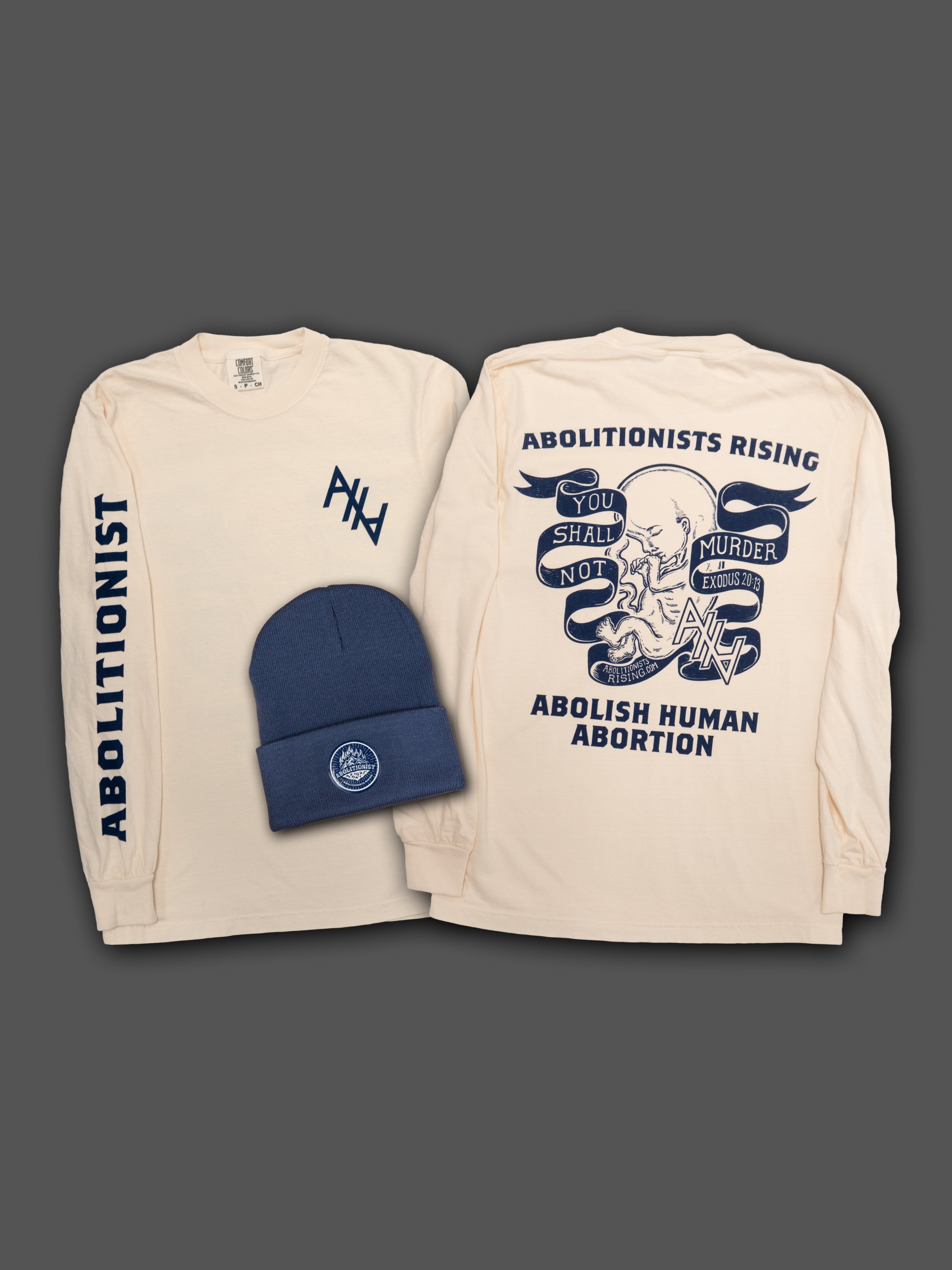 Abolitionist Winter Bundle: Blue Beanie + "You Shall Not Murder" Long-Sleeve Tee