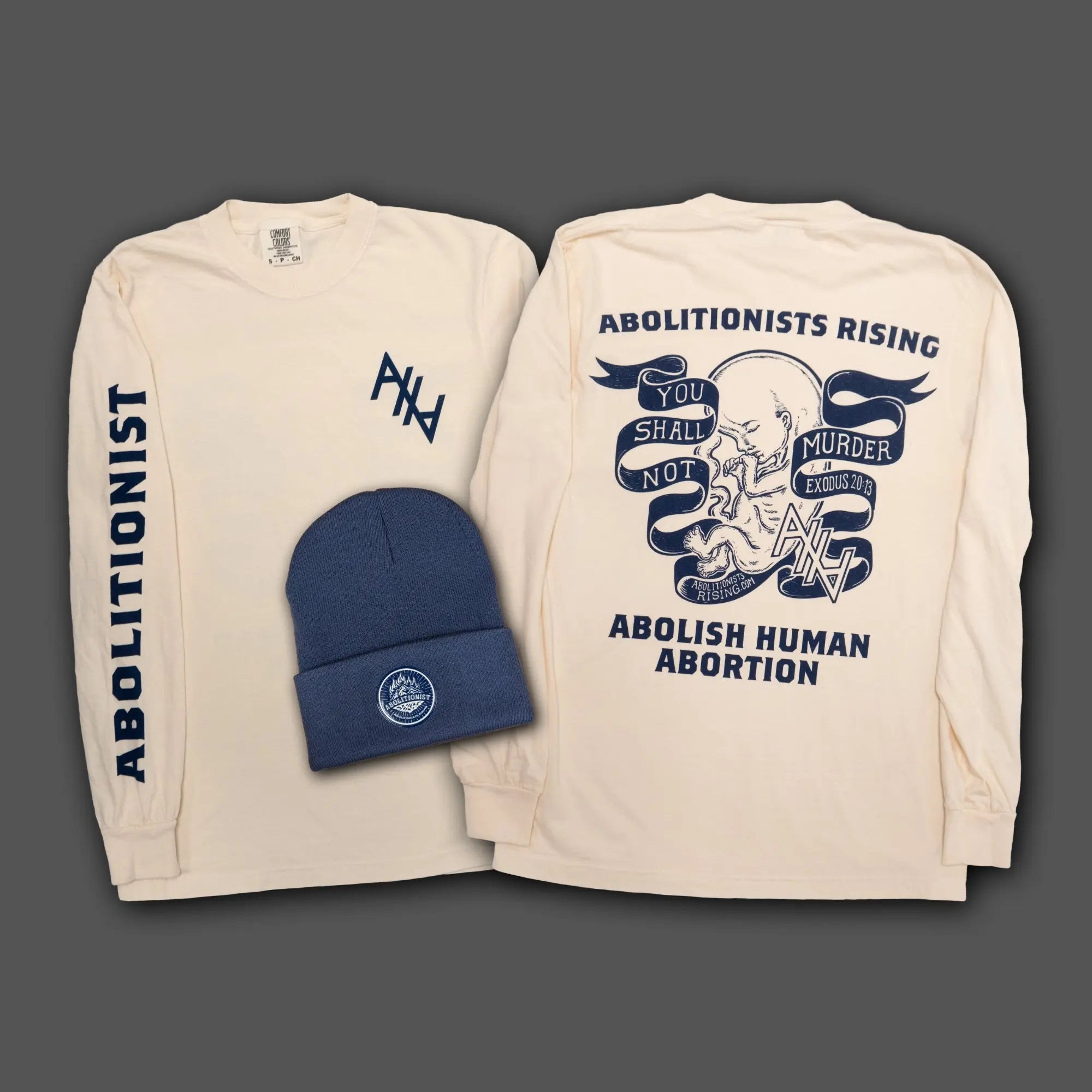 Abolitionist Winter Bundle: Blue Beanie + "You Shall Not Murder" Long-Sleeve Tee Abolitionists Rising Gear Store