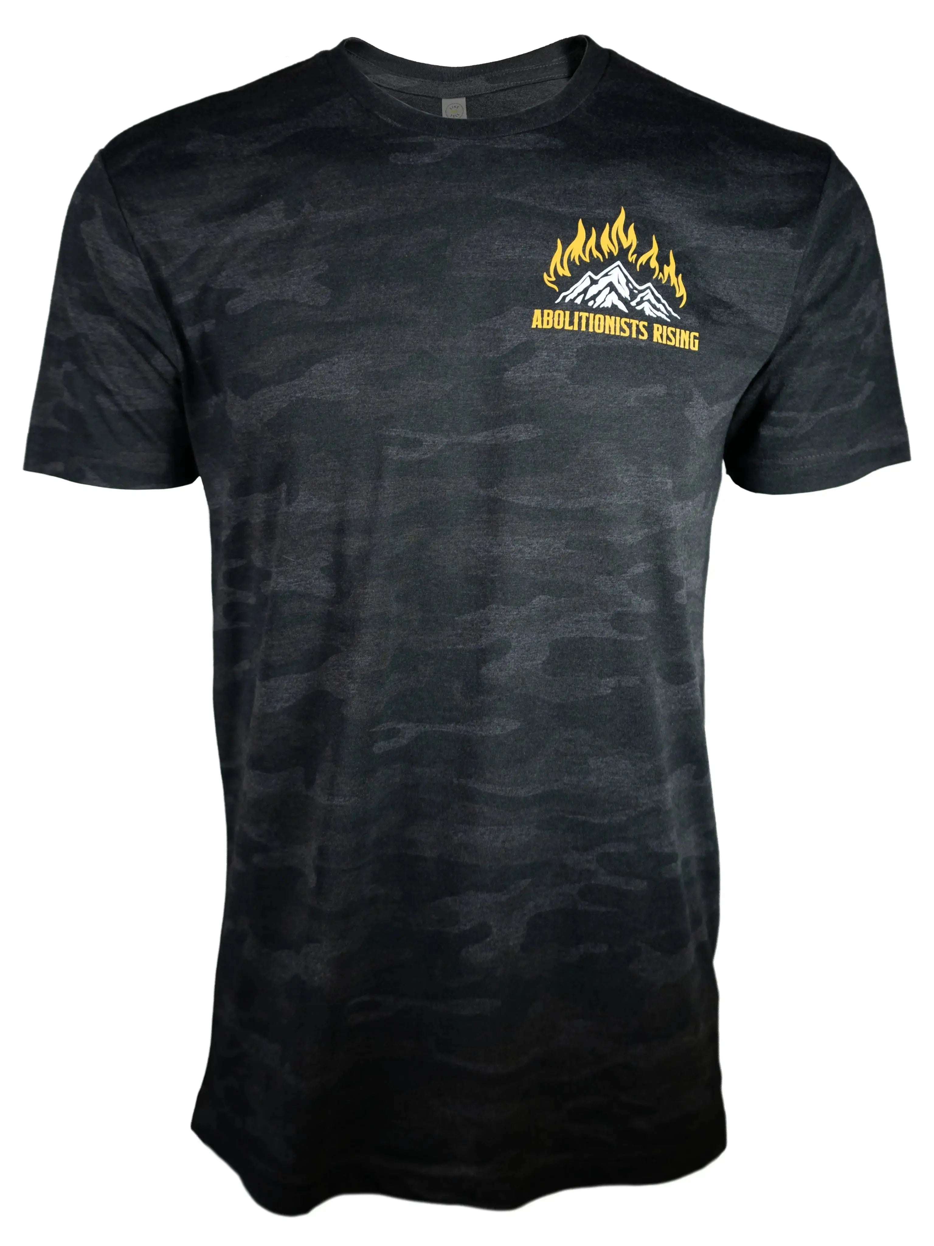 Dark camo unisex t-shirt with Abolitionists Rising logo in white, anti-abortion gear for pro-life and Republicans searching Students for Life or Live Action.