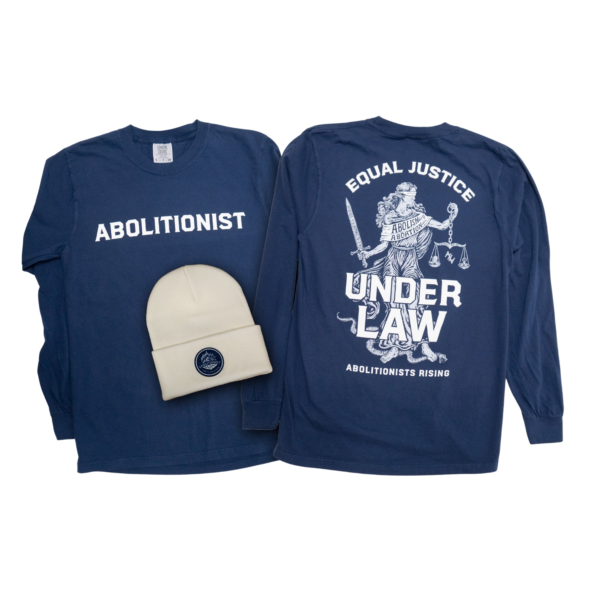 Abolitionist Winter Bundle: White Beanie + "Equal Justice Under the Law" Long-Sleeve Tee