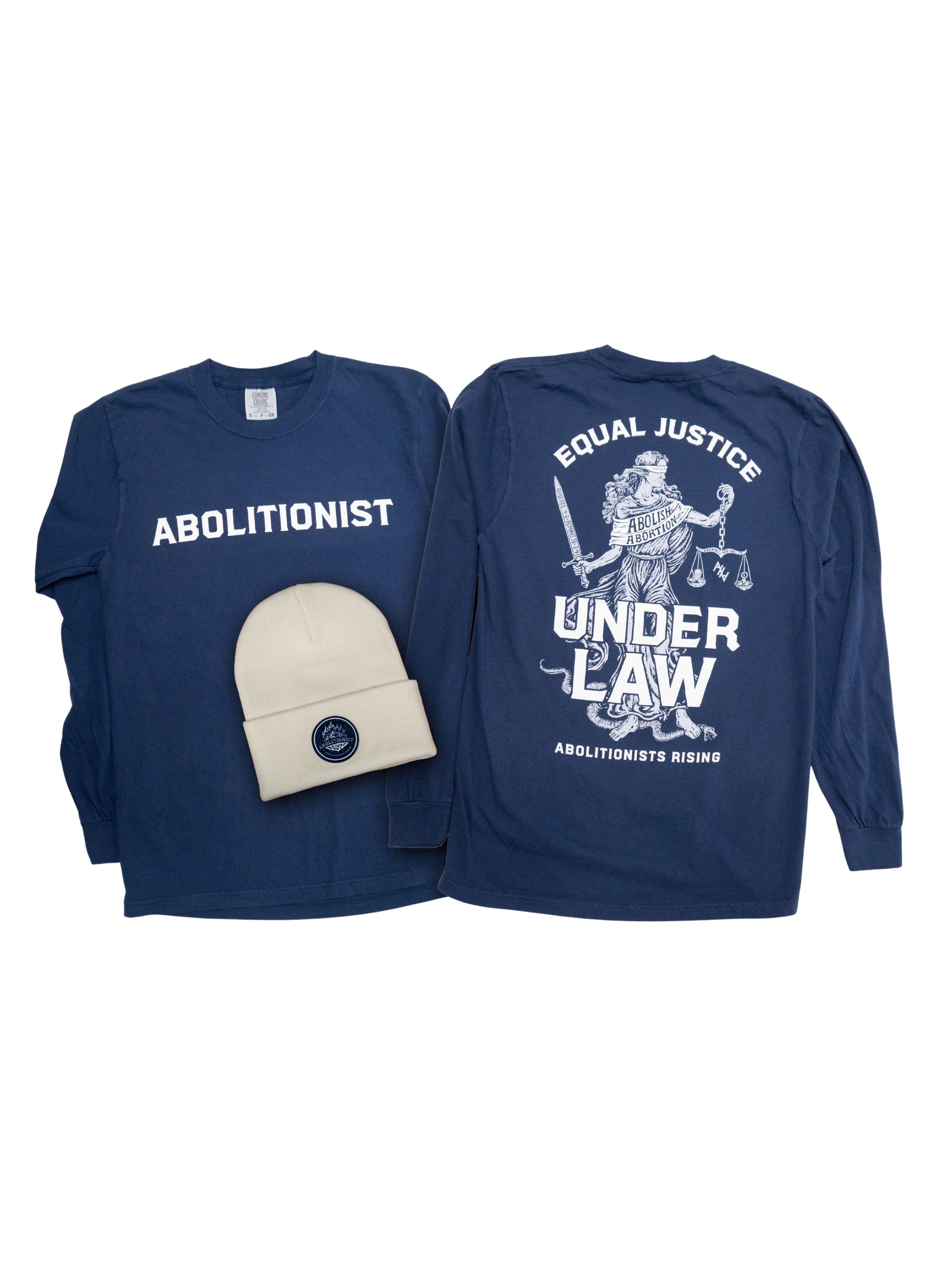 Two navy blue long-sleeve shirts with graphic designs and text, one featuring 'Abolitionist' and the other 'Equal Justice Under Law', along with a beige beanie. Pro-life. Pro-choice. Choice
